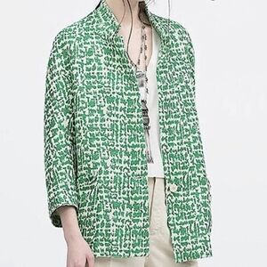 ZARA Green Jacquard Single Button Blazer Lined Made In Spain Pockets SZ SM
